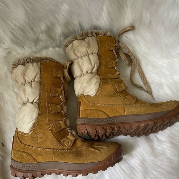 Timberland wheat leather suede &beige nylon lace up Mid calf boots  SZ8.5M - Picture 9 of 9